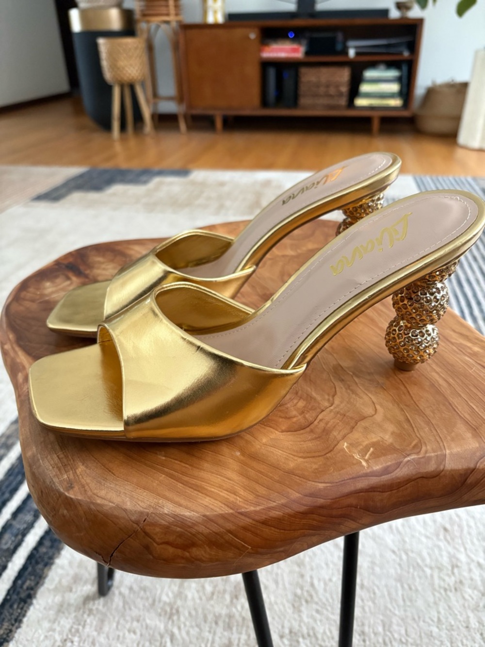 Liliana Gold Metallic Open-Toe Beaded Heel Mules